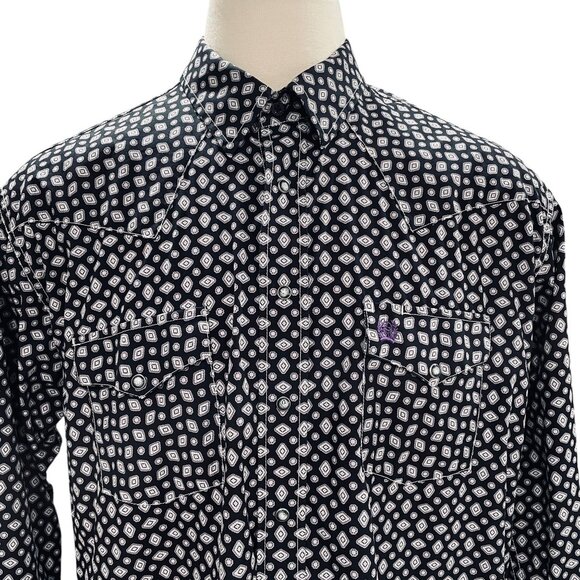 Cinch Black Geometric Pearl Snap Shirt Large Western Cowboy Rodeo Y2K Boho Grung - Picture 6 of 12